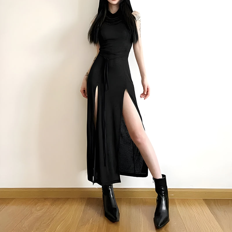 Goth Hooded Cut Out Back Midi Dress Black