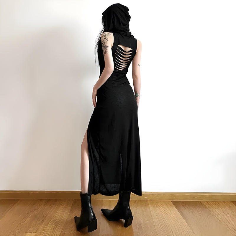 Goth Hooded Cut Out Back Midi Dress