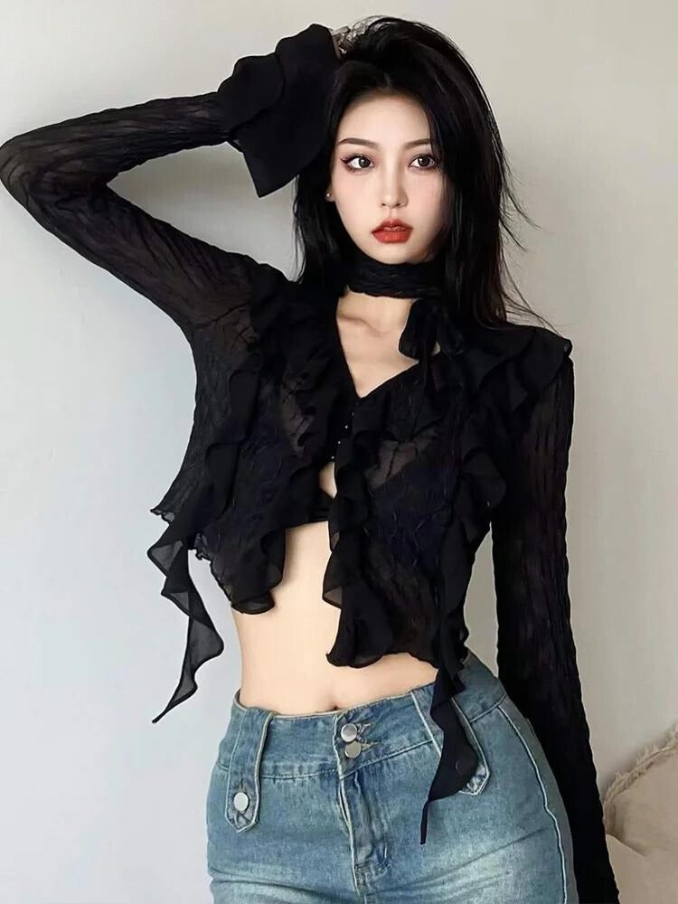 Goth Sheer Ruffled Crop Top