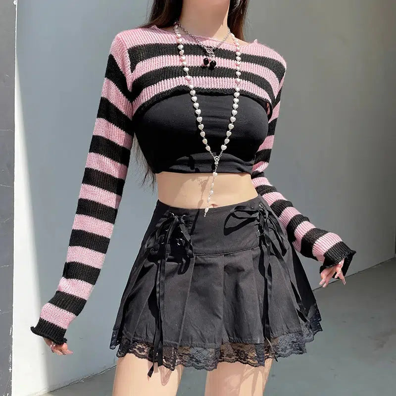 Goth Striped Knitted Shrug Sweater Pink