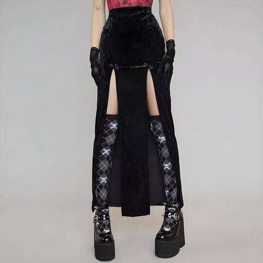 Goth Velvet High Split Midi Skirt Black