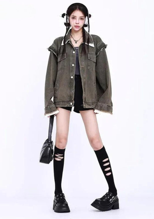 Grunge Button Up Oversized Denim Jacket Army Green