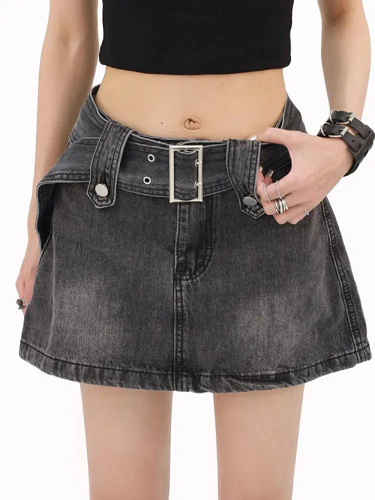 Grunge Buttoned Belt Loop Mini Skort Gray