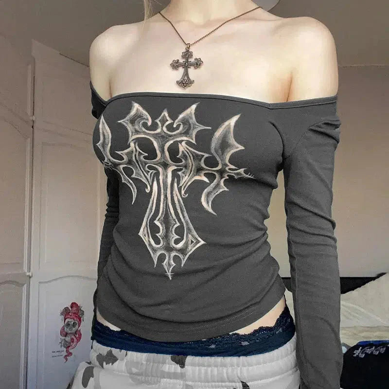 Grunge Cross Bleached Black Long Sleeve Crop Top