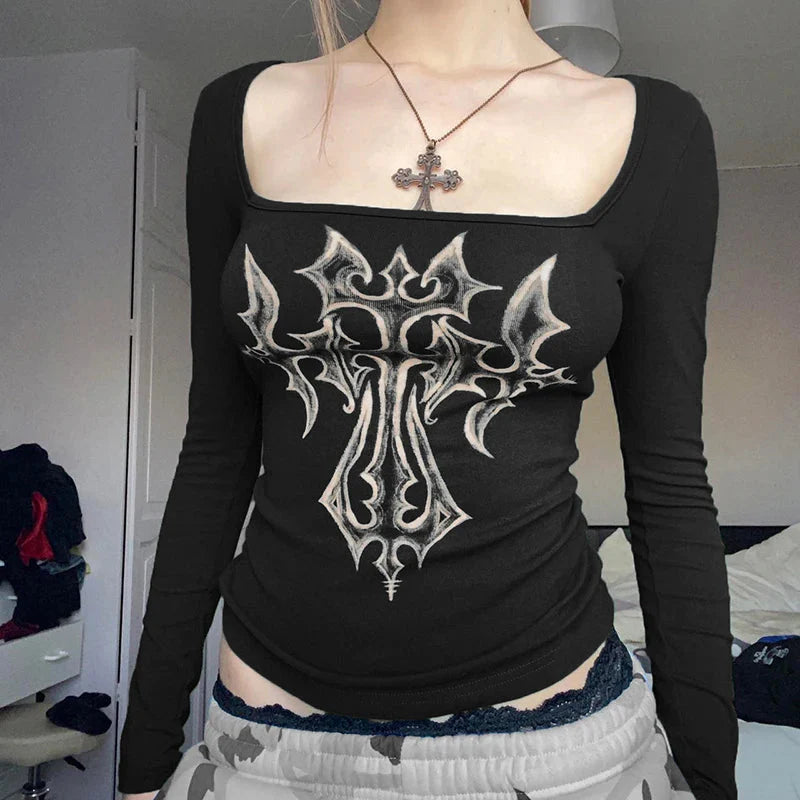 Grunge Cross Bleached Black Long Sleeve Crop Top Black