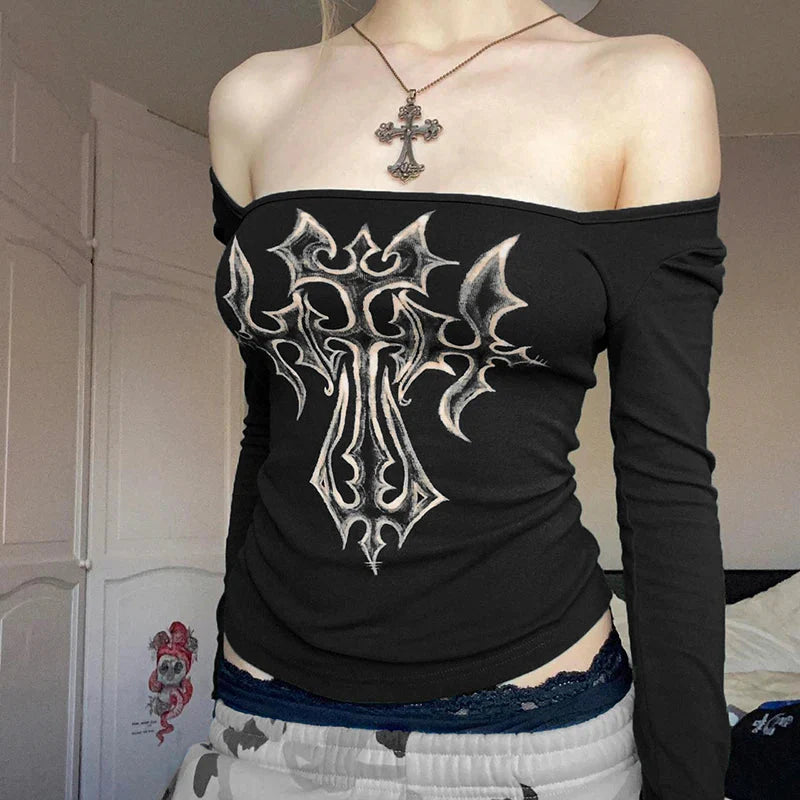 Grunge Cross Bleached Black Long Sleeve Crop Top