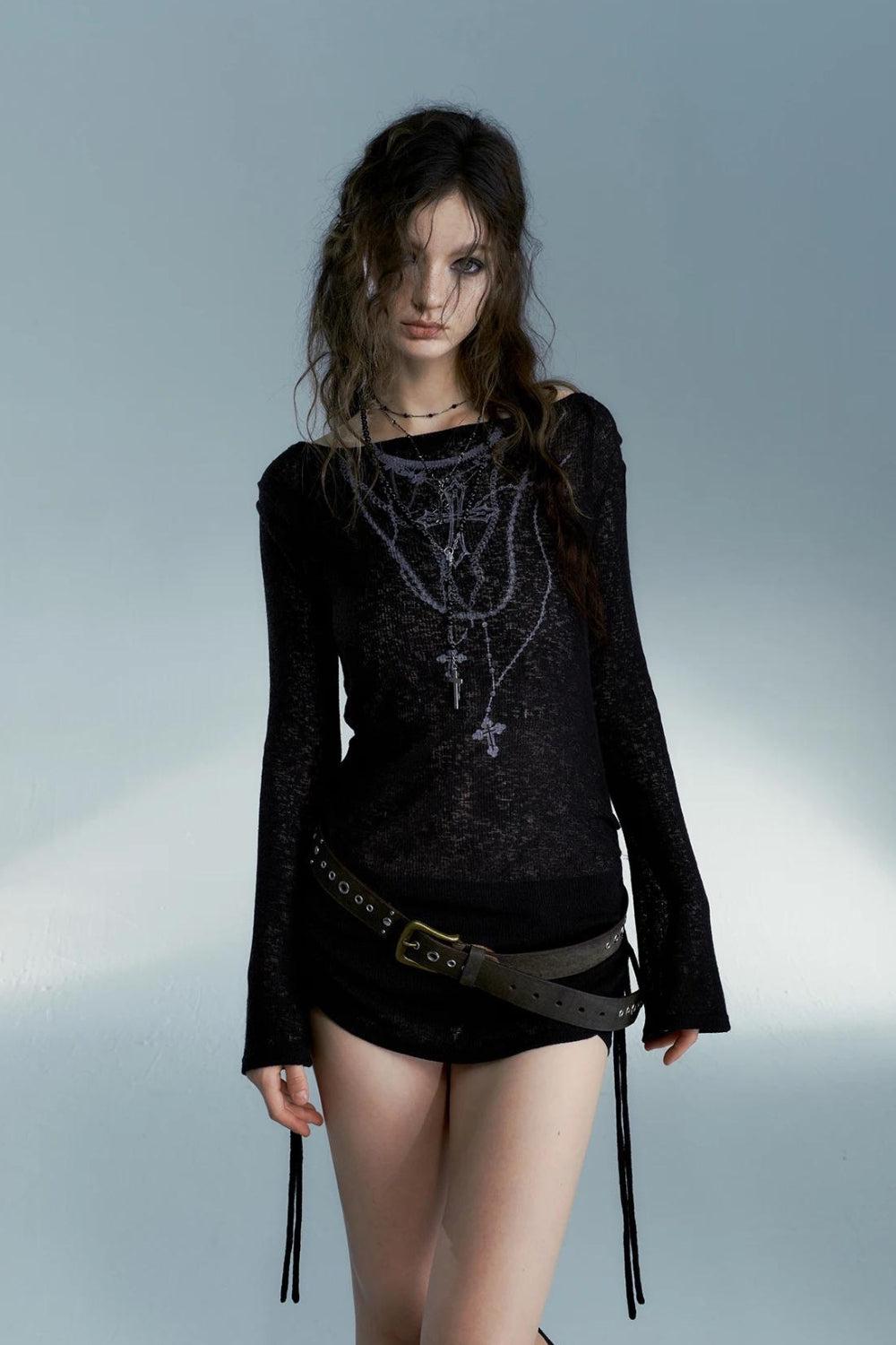 Grunge Cross Necklace Black Long Sleeve Crop Top