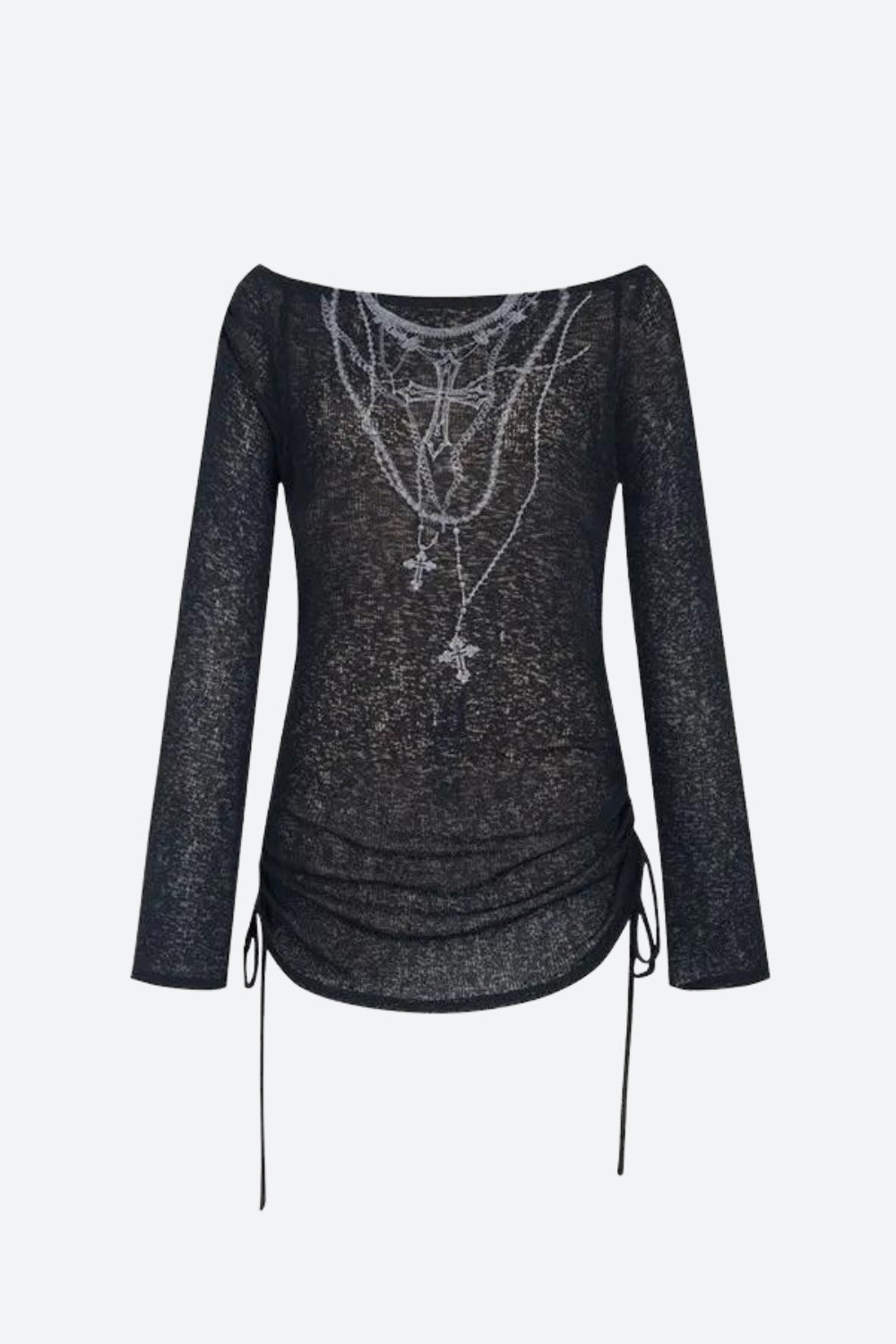 Grunge Cross Necklace Black Long Sleeve Crop Top