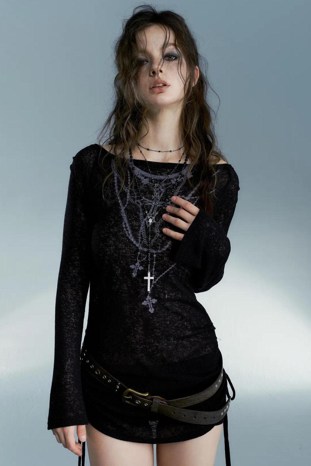 Grunge Cross Necklace Black Long Sleeve Crop Top Black