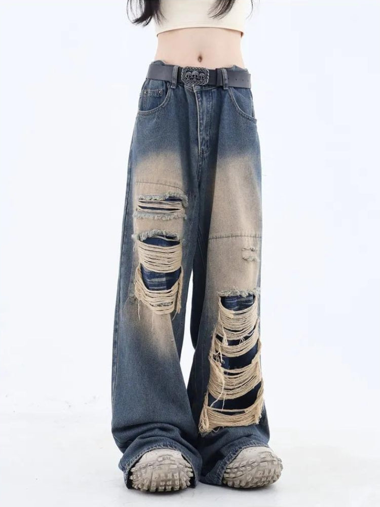 Grunge Dark Wash Distressed Jeans Blue