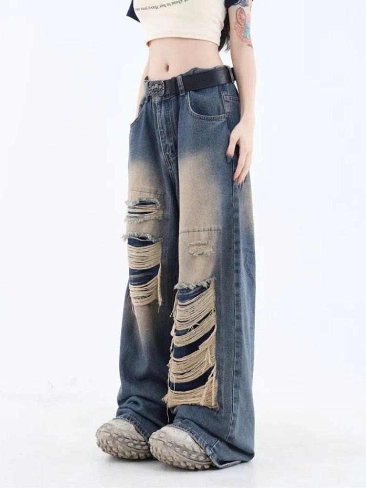 Grunge Dark Wash Distressed Jeans