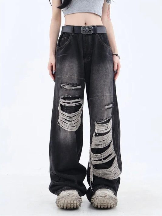 Grunge Dark Wash Distressed Jeans Black