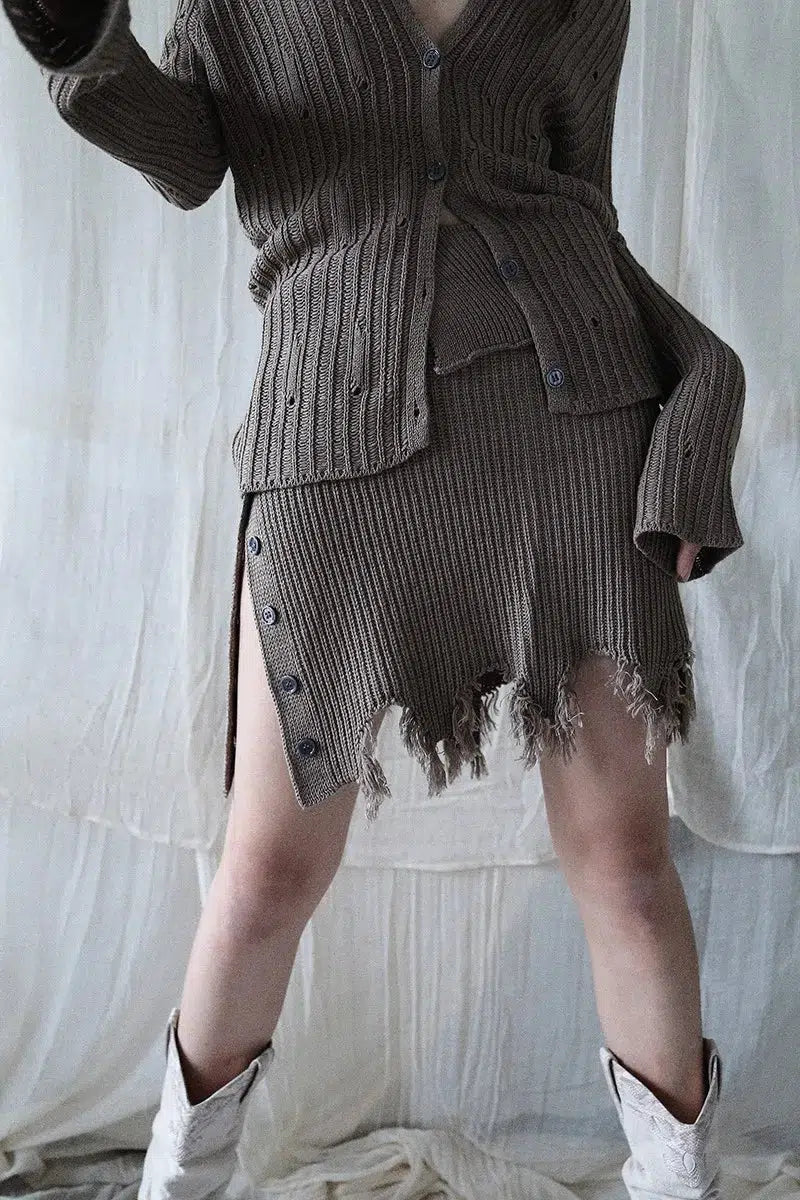 Grunge Distressed Cardigan & Mini Skirt Two Piece Coord