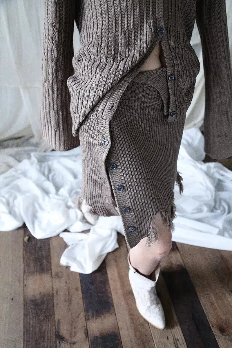 Grunge Distressed Cardigan & Mini Skirt Two Piece Coord