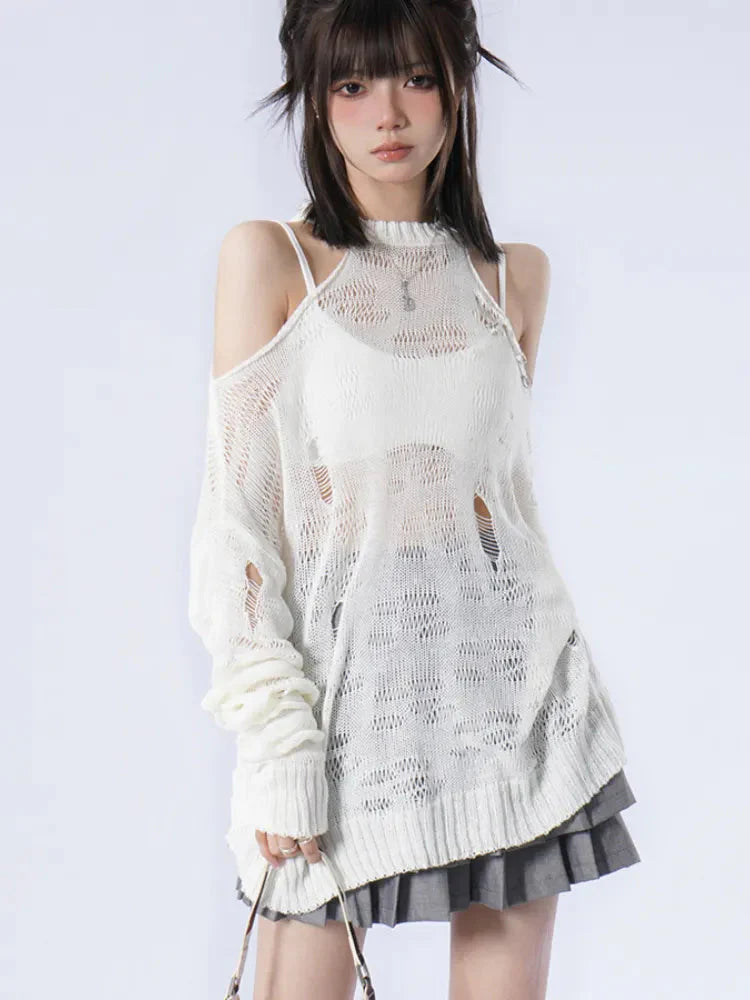 Grunge Distressed Cut-Out Fine Knitted Sweater White