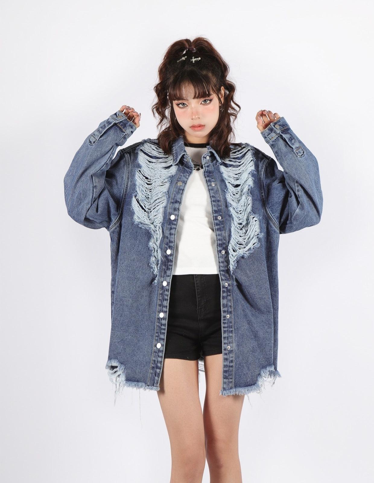 Grunge Distressed Long Denim Jacket Blue