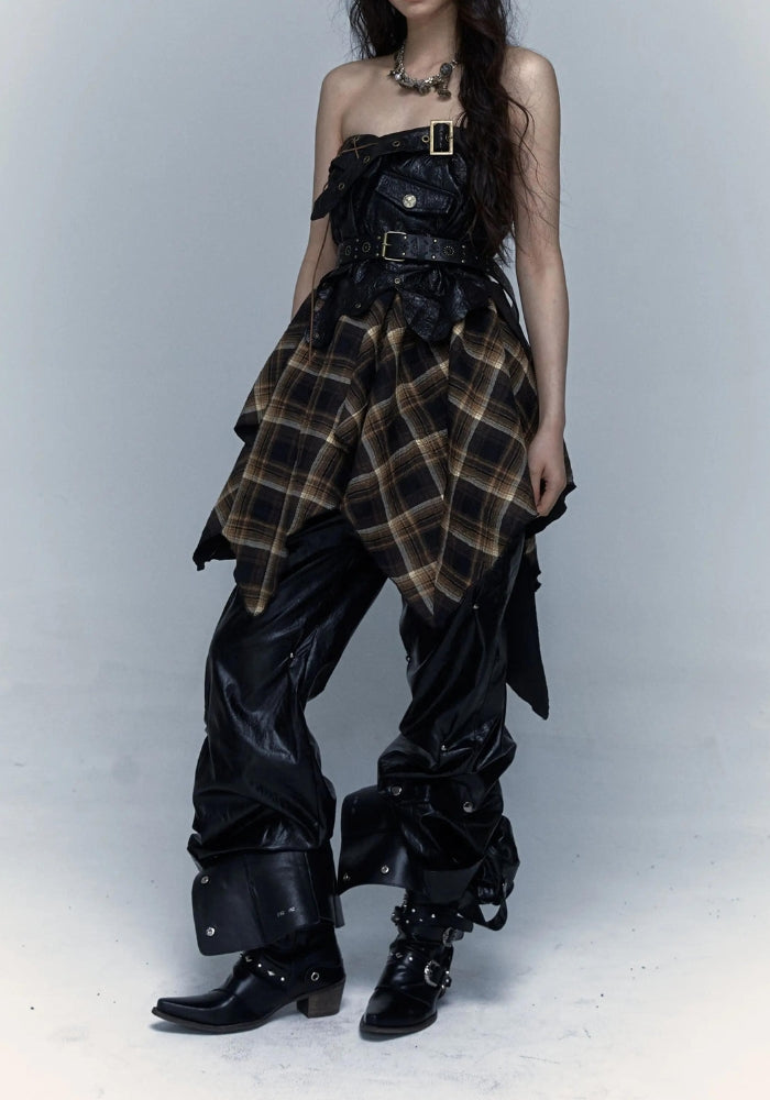 Grunge Faux Leather Plaid Midi Skirt