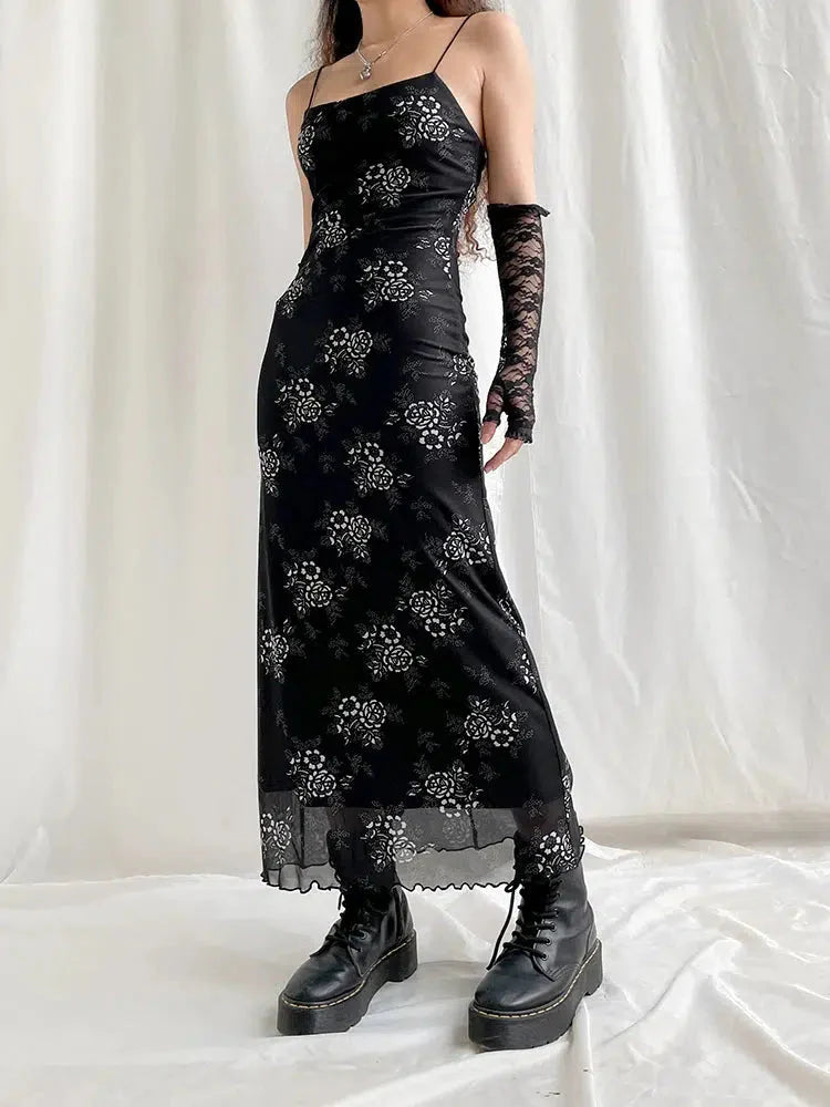 Grunge Floral Mesh Midi Dress Black