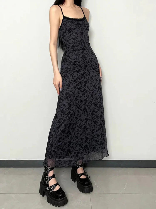 Grunge Floral Printed Maxi Dress Black