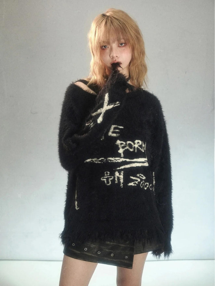 Grunge Fluffy Knitted Sweater Black