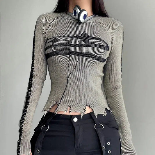 Grunge Long Sleeve Distressed Top Gray