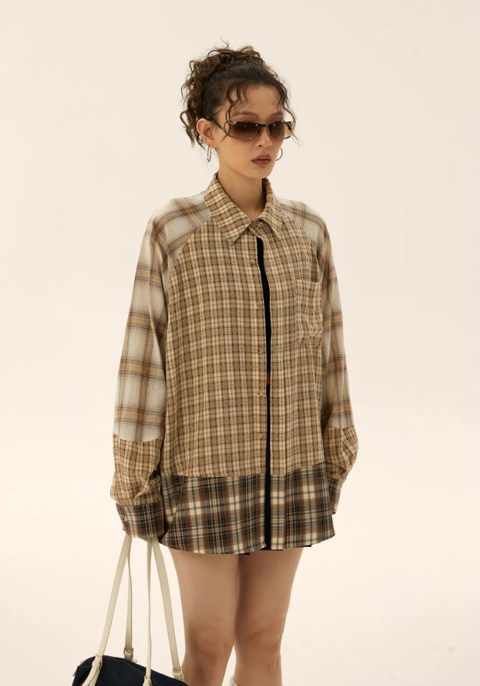 Grunge Multi Pattern Plaid Shirt Brown