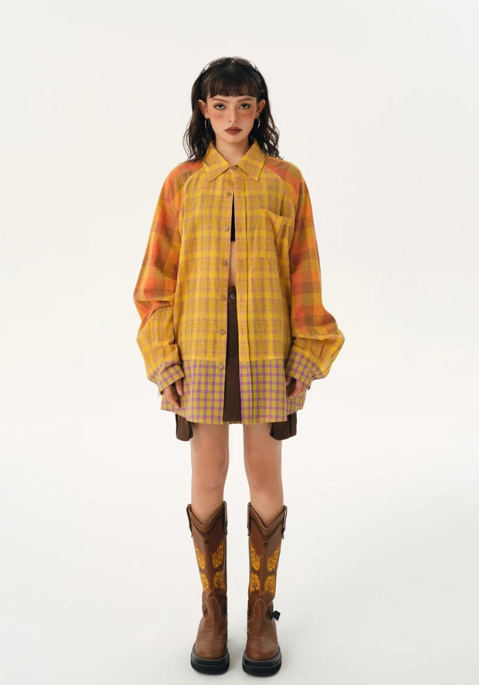 Grunge Multi Pattern Plaid Shirt Orange