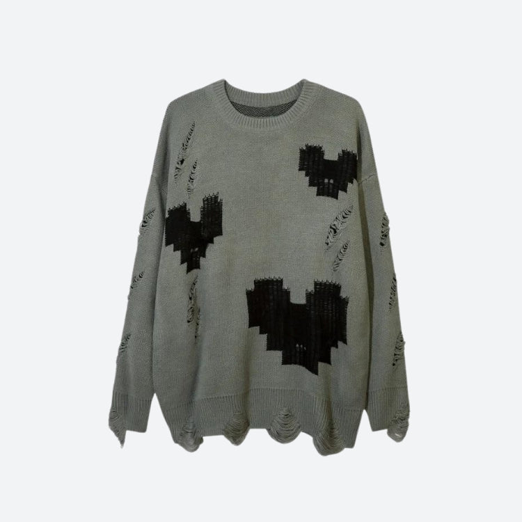 Grunge Pixel Hearts Knitted Sweater Gray