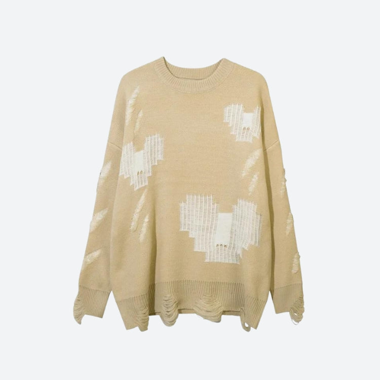 Grunge Pixel Hearts Knitted Sweater Beige