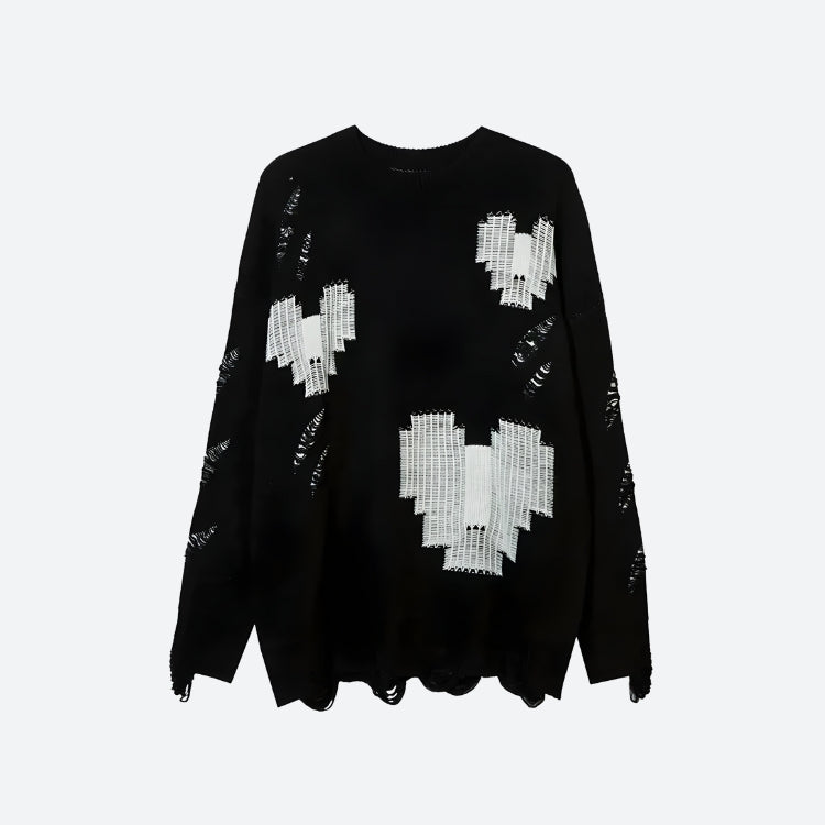 Grunge Pixel Hearts Knitted Sweater Black