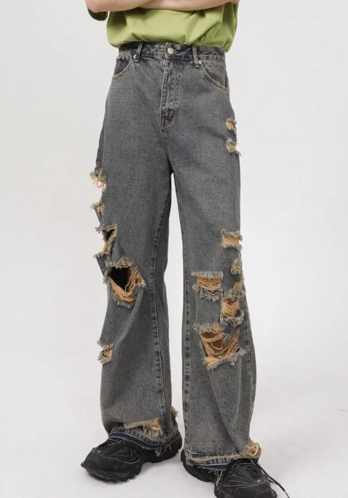 Grunge Ripped Straight Leg Jeans Gray