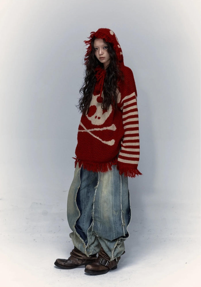 Grunge Tasseled Hooded Sweater Red