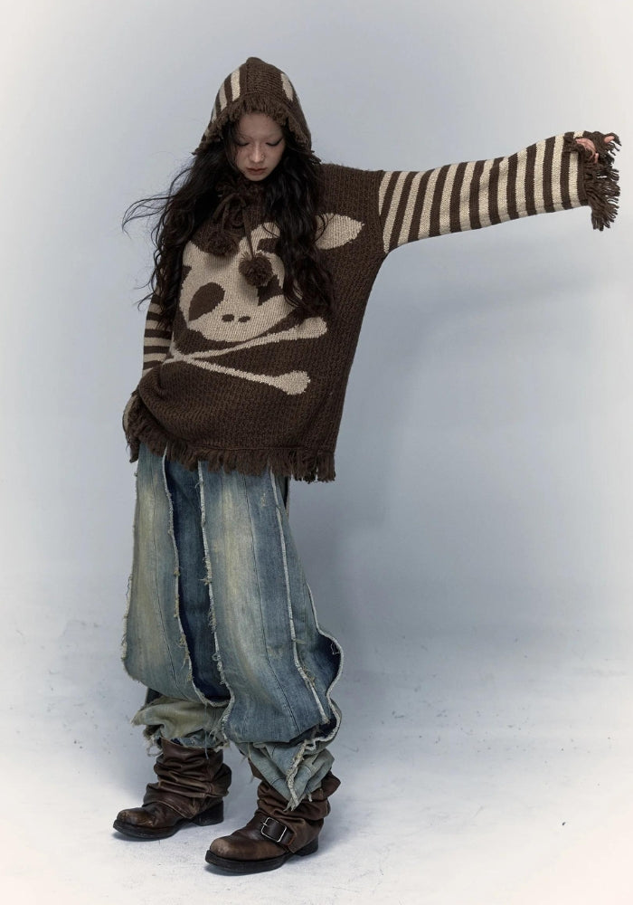 Grunge Tasseled Hooded Sweater Brown