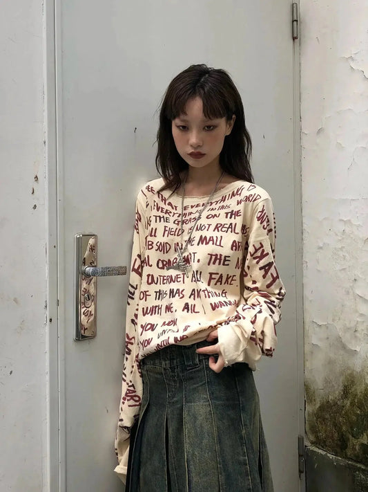 Grunge Text Print Top Beige