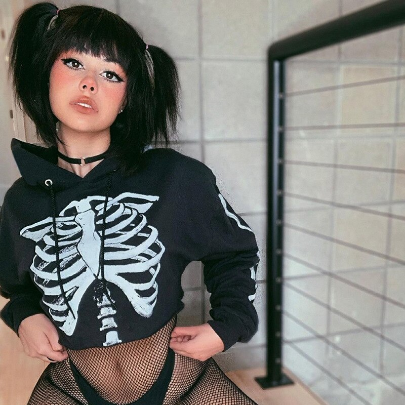 Egirl Goth Dark Grunge Skeleton Cropped Hoodie