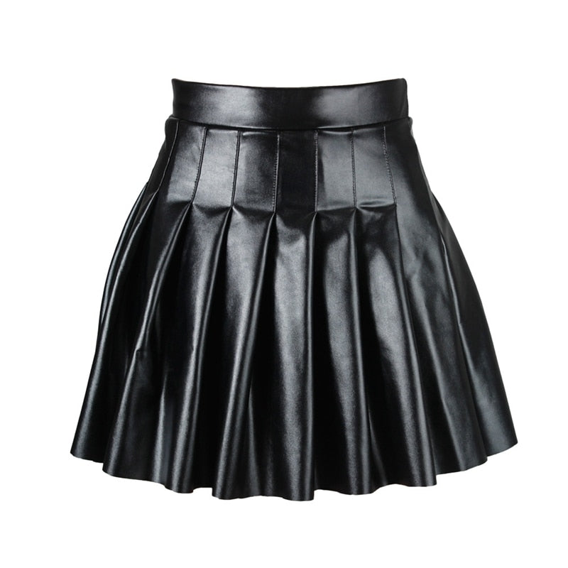 Dark Goth Egirl Faux Leather Pleated Skirt Black