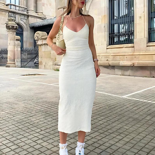 Halter Neck Backless Split Midi Dress White