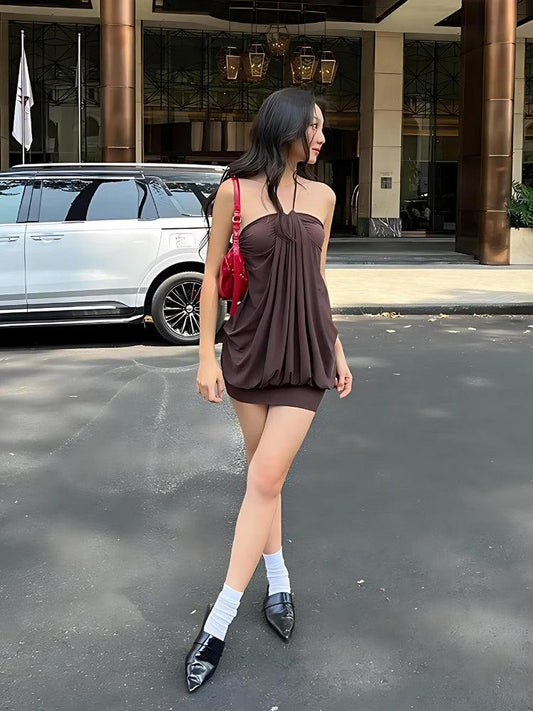 Halter Neck Mini Dress Brown