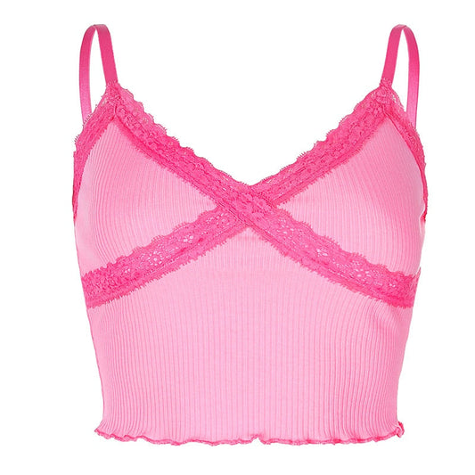 Y2K Tank Top Lace Rim Bubblegum Pink