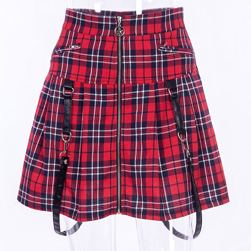 Egirl Punk Rock Plaid Straps Skirt red