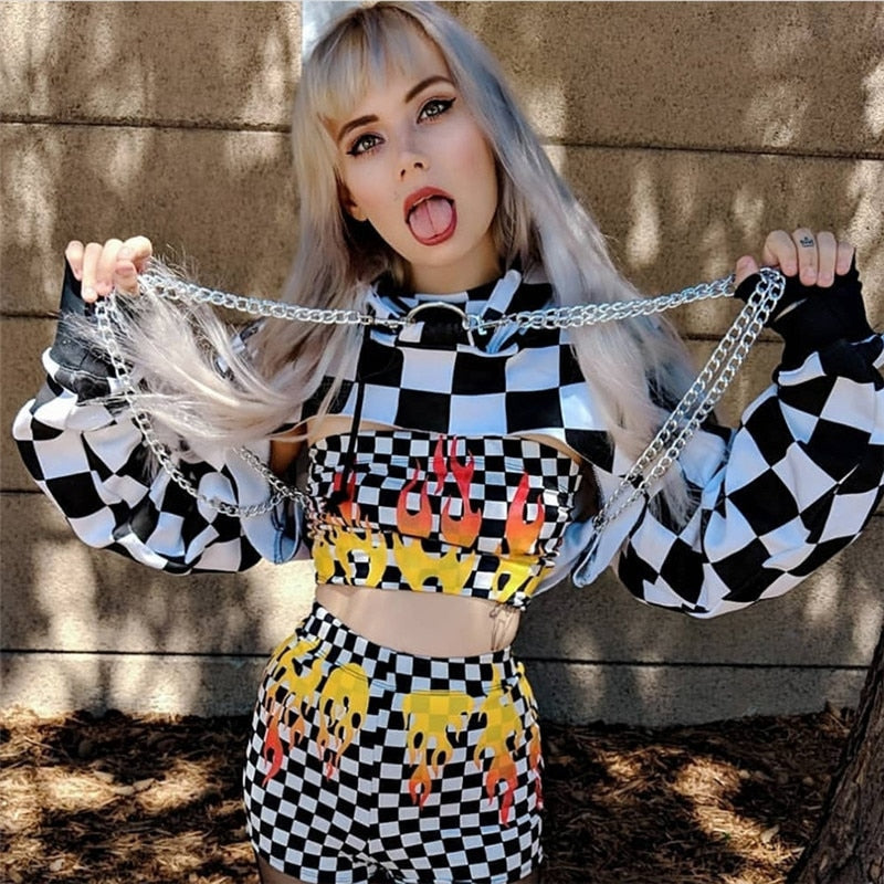 E-Girl Checker Hoodie Chain Crop Top