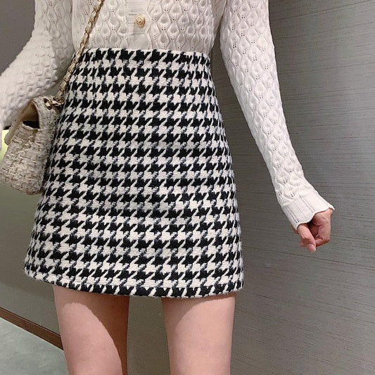 Houndstooth Woolen Black and White Plaid Skirt