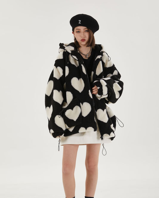 Heart Pattern Sherpa Jacket Black