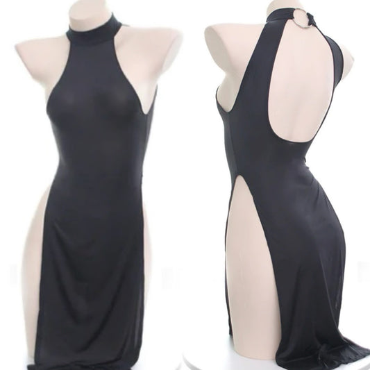 ice silk slit dress one size black