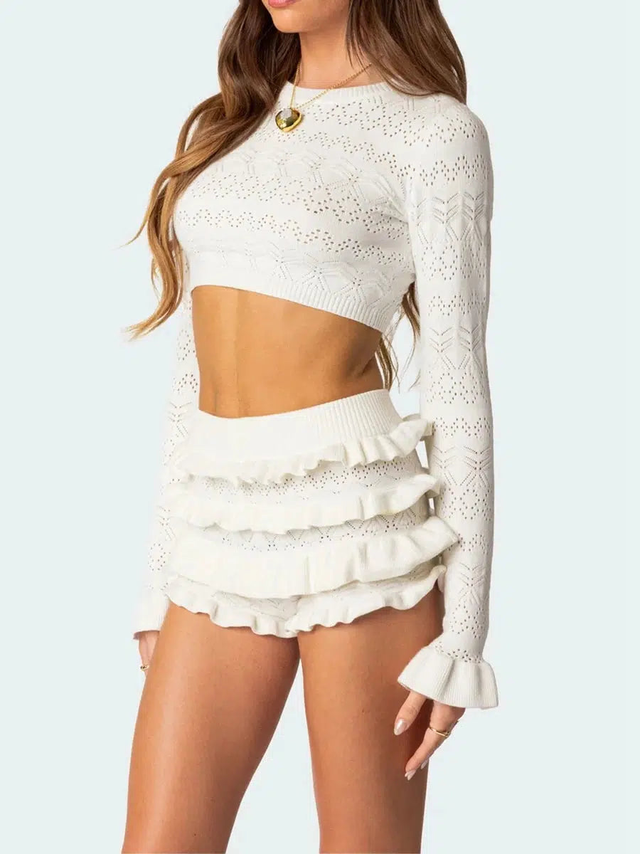 Knitted Crop Top & Ruffled Shorts Two Piece Coord