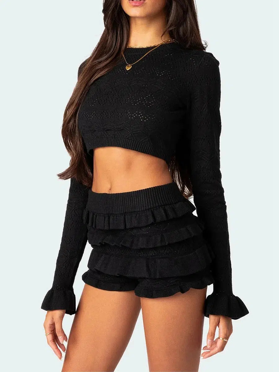 Knitted Crop Top & Ruffled Shorts Two Piece Coord Black