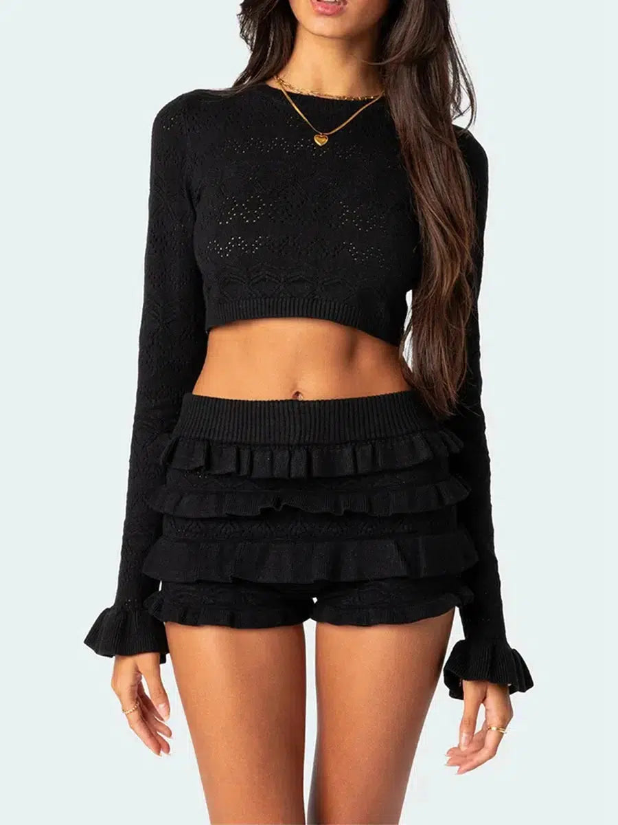 Knitted Crop Top & Ruffled Shorts Two Piece Coord