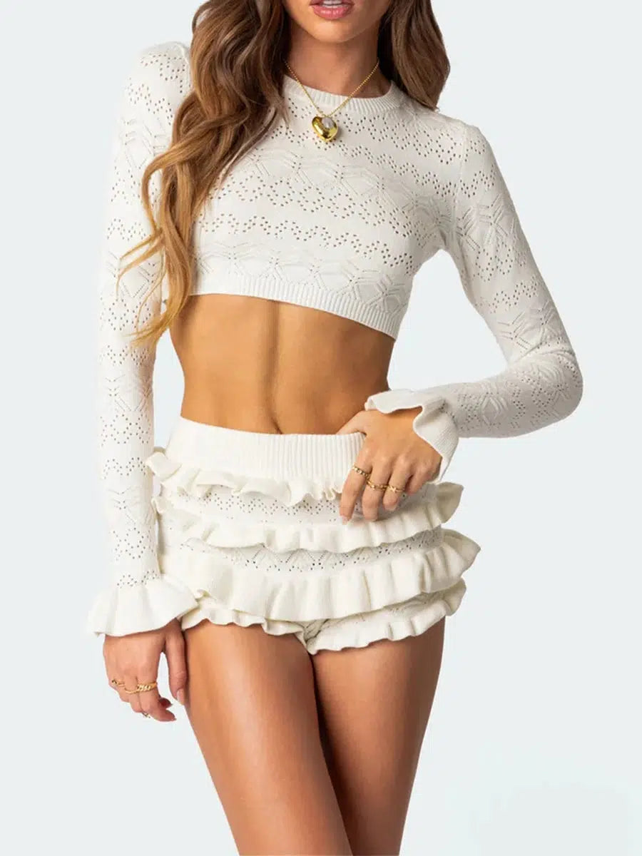 Knitted Crop Top & Ruffled Shorts Two Piece Coord White