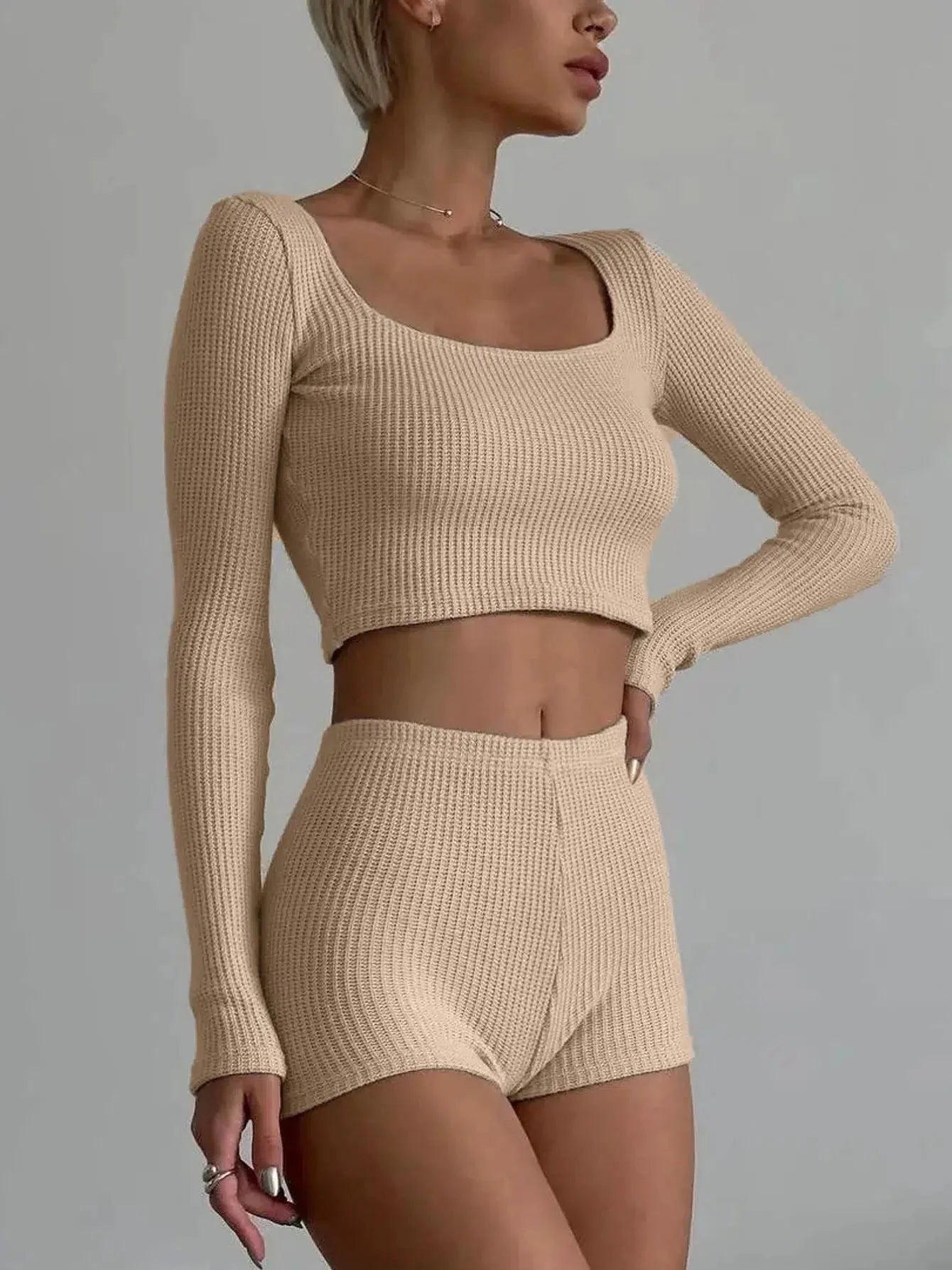 Knitted Crop Top & Shorts Two Piece Coord Beige