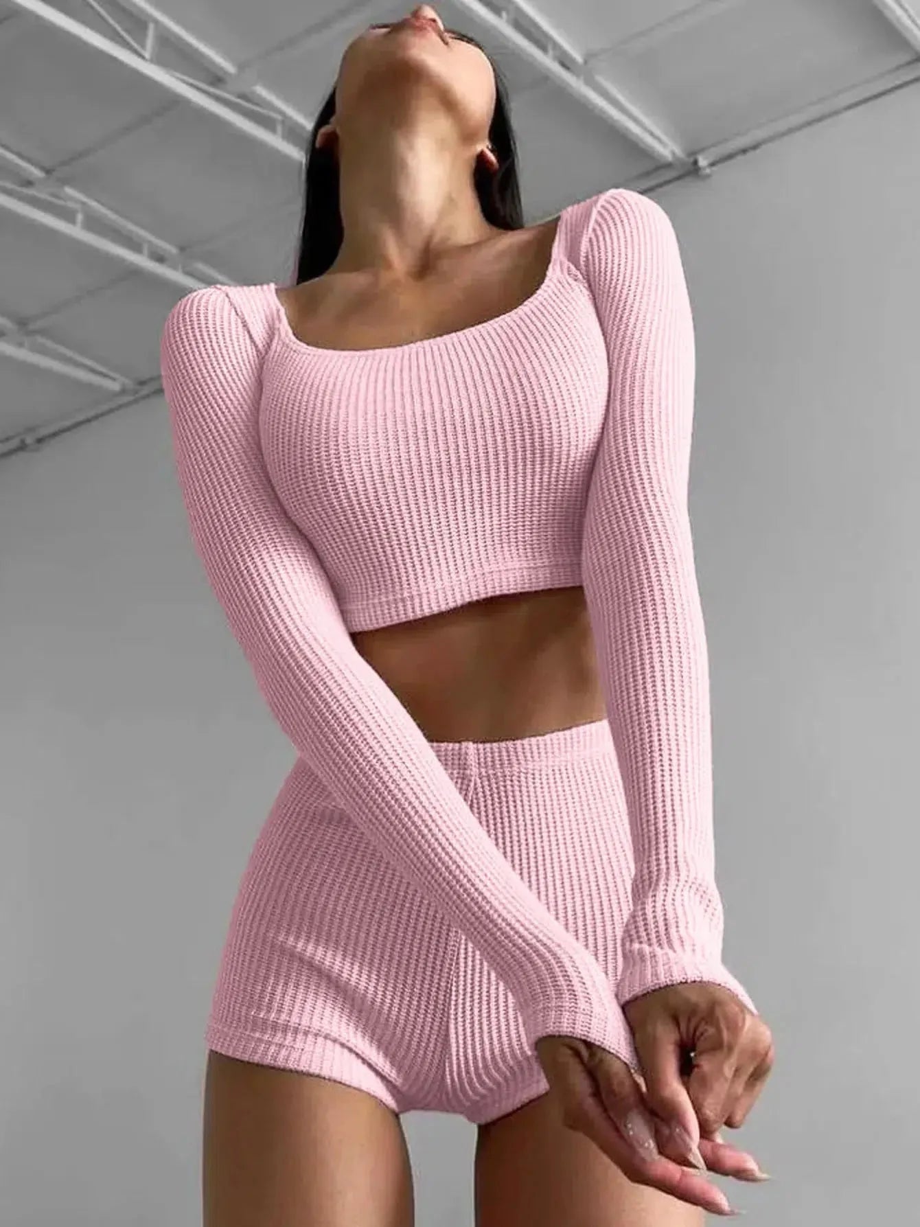 Knitted Crop Top & Shorts Two Piece Coord Pink